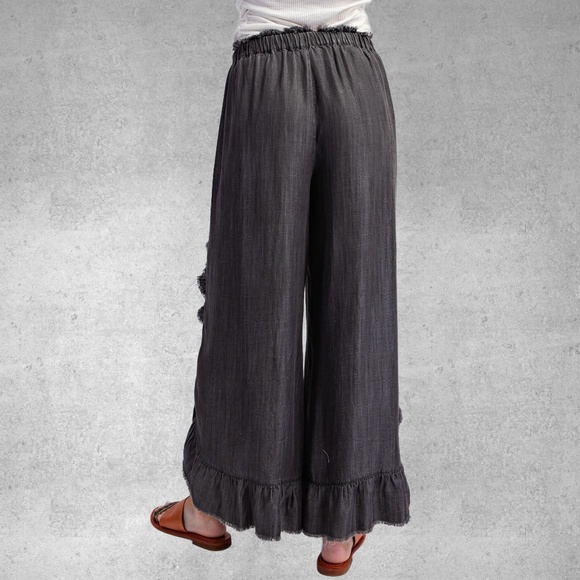 EASEL Raw Ruffle Trim Lightweight Pants Elastic & Drawstring Waist & Scooped Hem - Picture 11 of 16